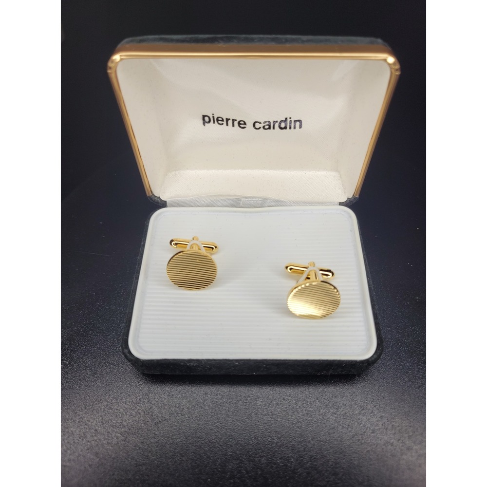 Pierre Cardin Cufflinks Gold Tone Round Horizontal Striped Pattern with Case